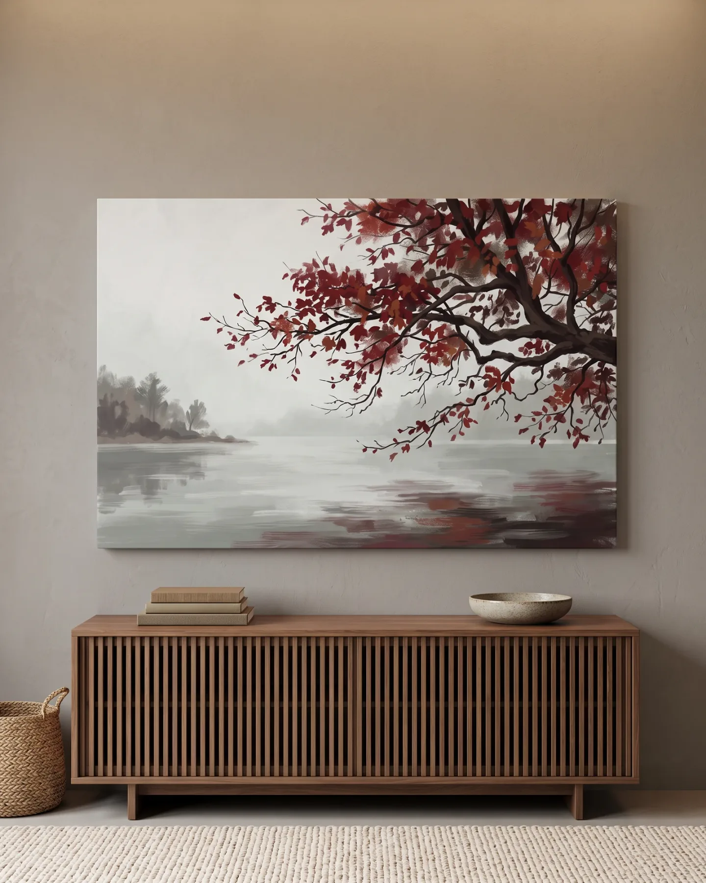 Leinwandbild – Herbstbaum über einem stillen See