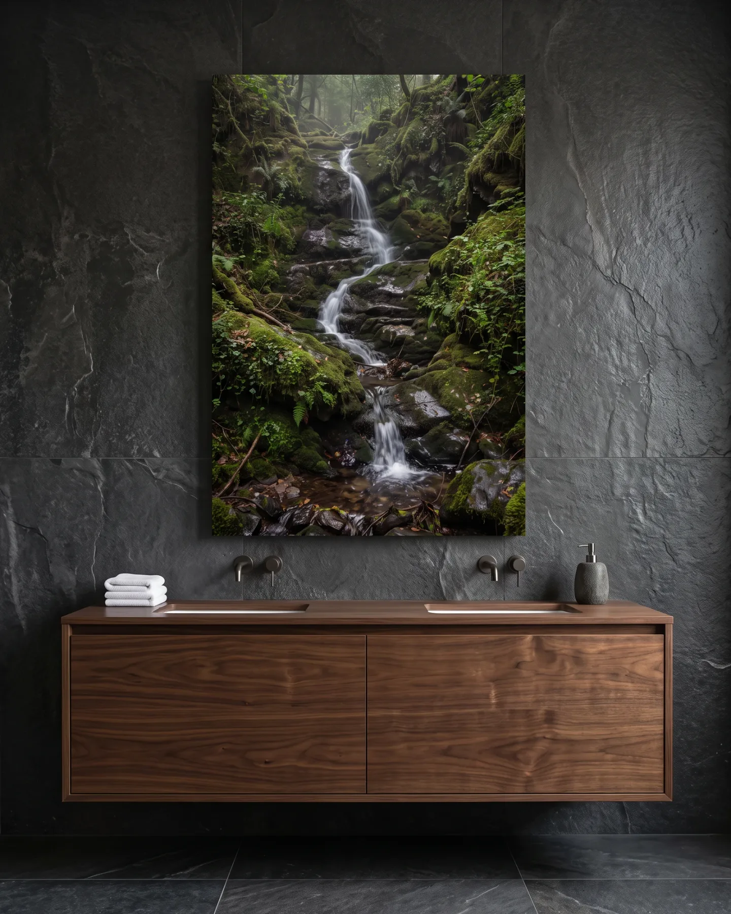 Leinwandbild – Kleiner Waldwasserfall mit felsigem Becken