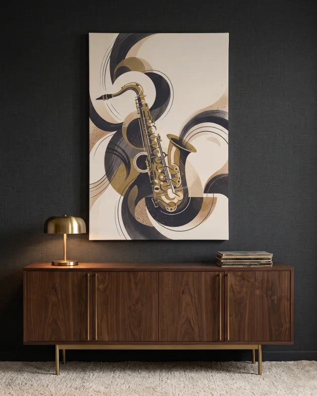 Leinwandbild – Saxofon zwischen rhythmischen Farbbändern