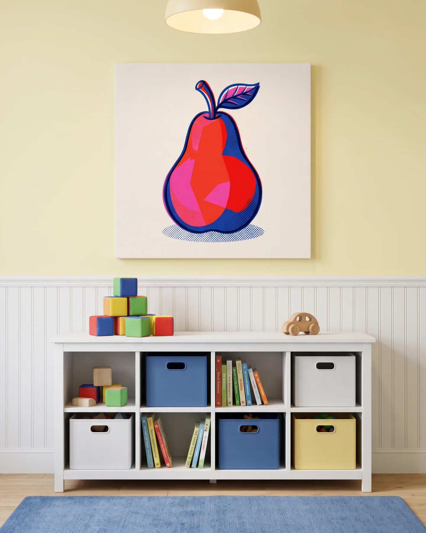 Leinwandbild – Grafische Birne in Rot, Pink und Blau