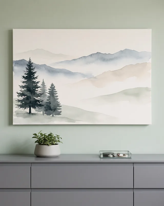 Leinwandbild – Aquarell-Berglandschaft mit Nadelbäumen im Nebel