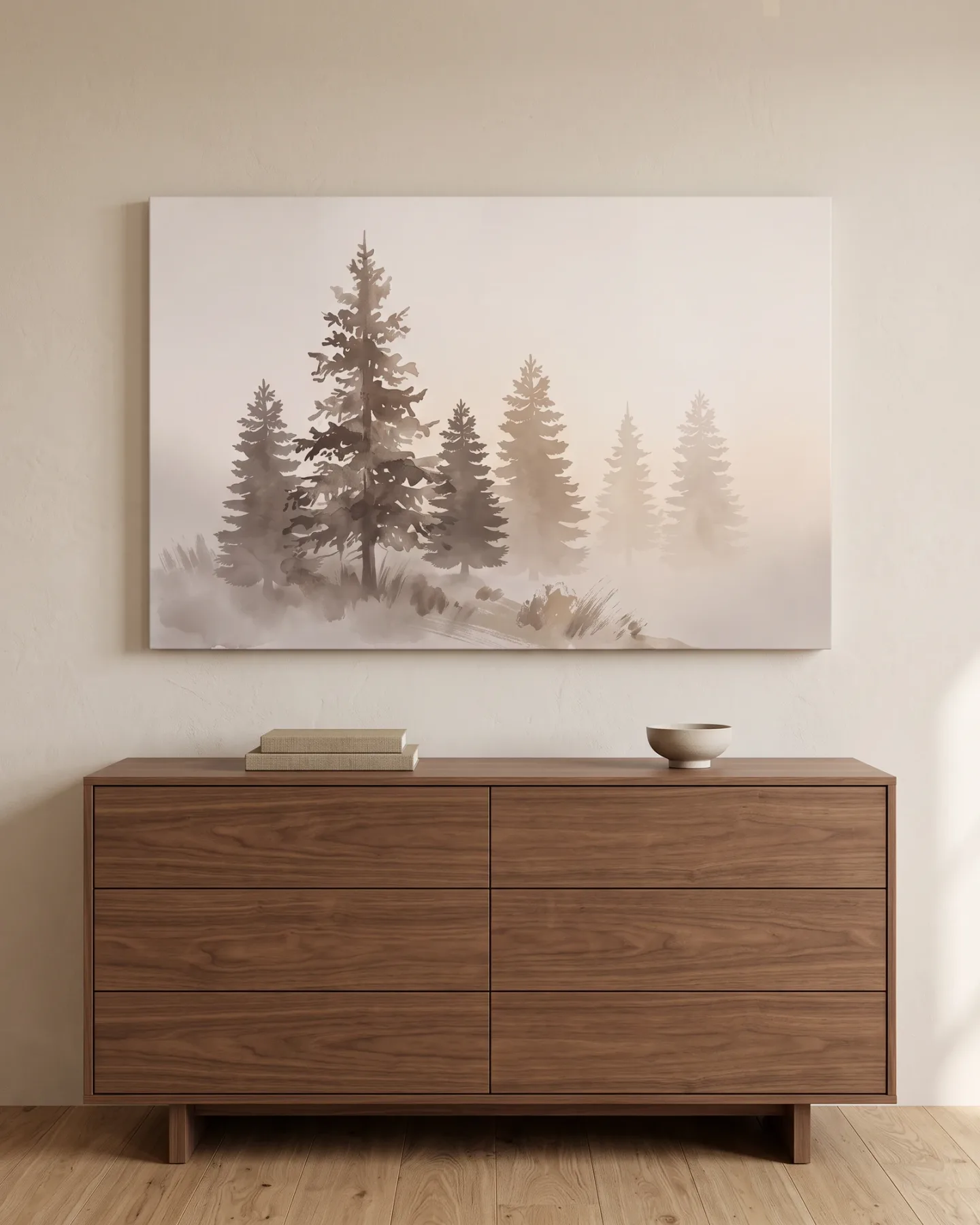 Leinwandbild – Nadelwald im warmen Aquarellnebel