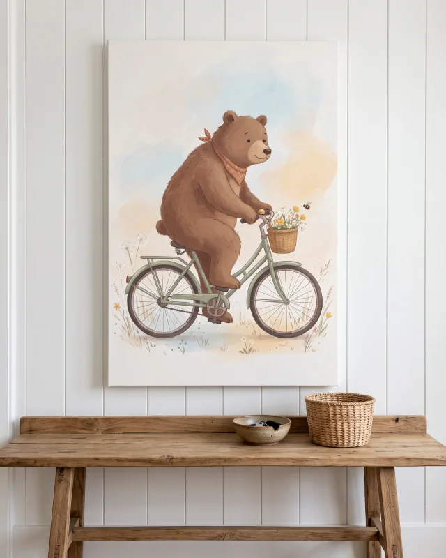 Leinwandbild – Bär mit Gänseblümchen auf dem Rad