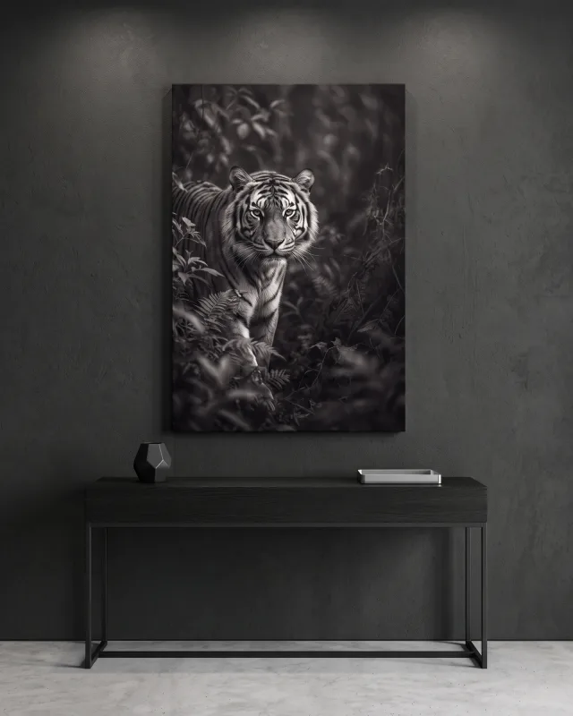 Leinwandbild – Tiger im dunklen Blätterdickicht