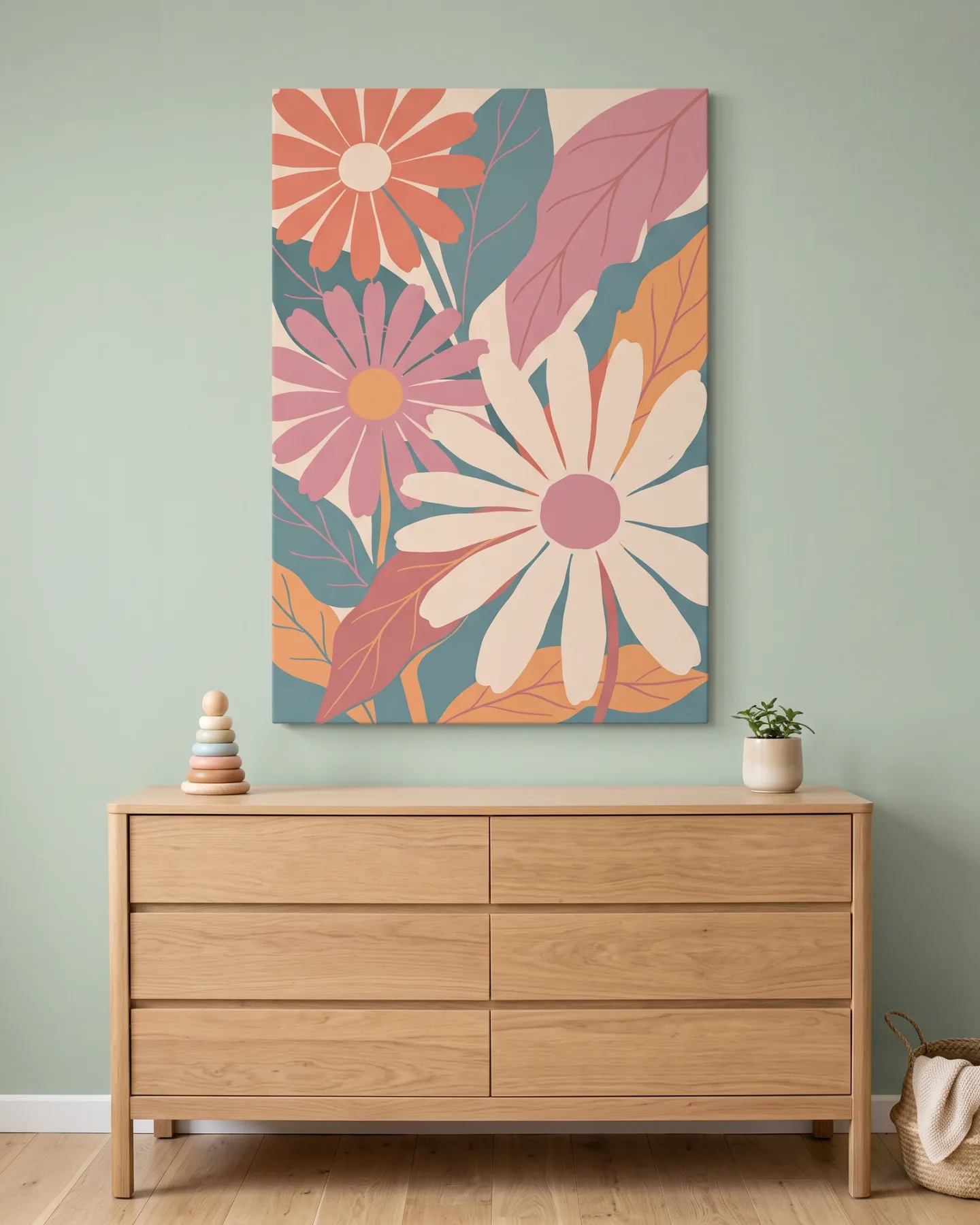 Leinwandbild – Stilisierte Blumen und Blätter in Pastellfarben