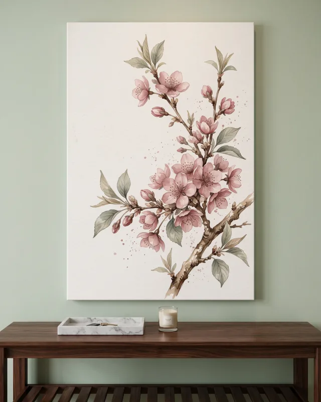 Leinwandbild – Kirschblüten mit Knospen und lockeren Spritzern