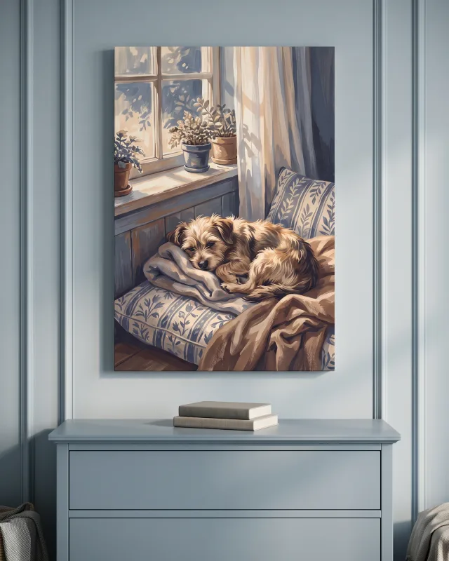 Leinwandbild – Hund auf blauweißem Kissen am Fenster
