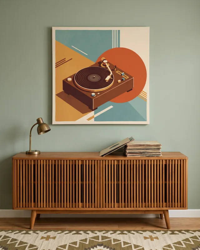 Leinwandbild – Plattenspieler in geometrischer Retrokomposition