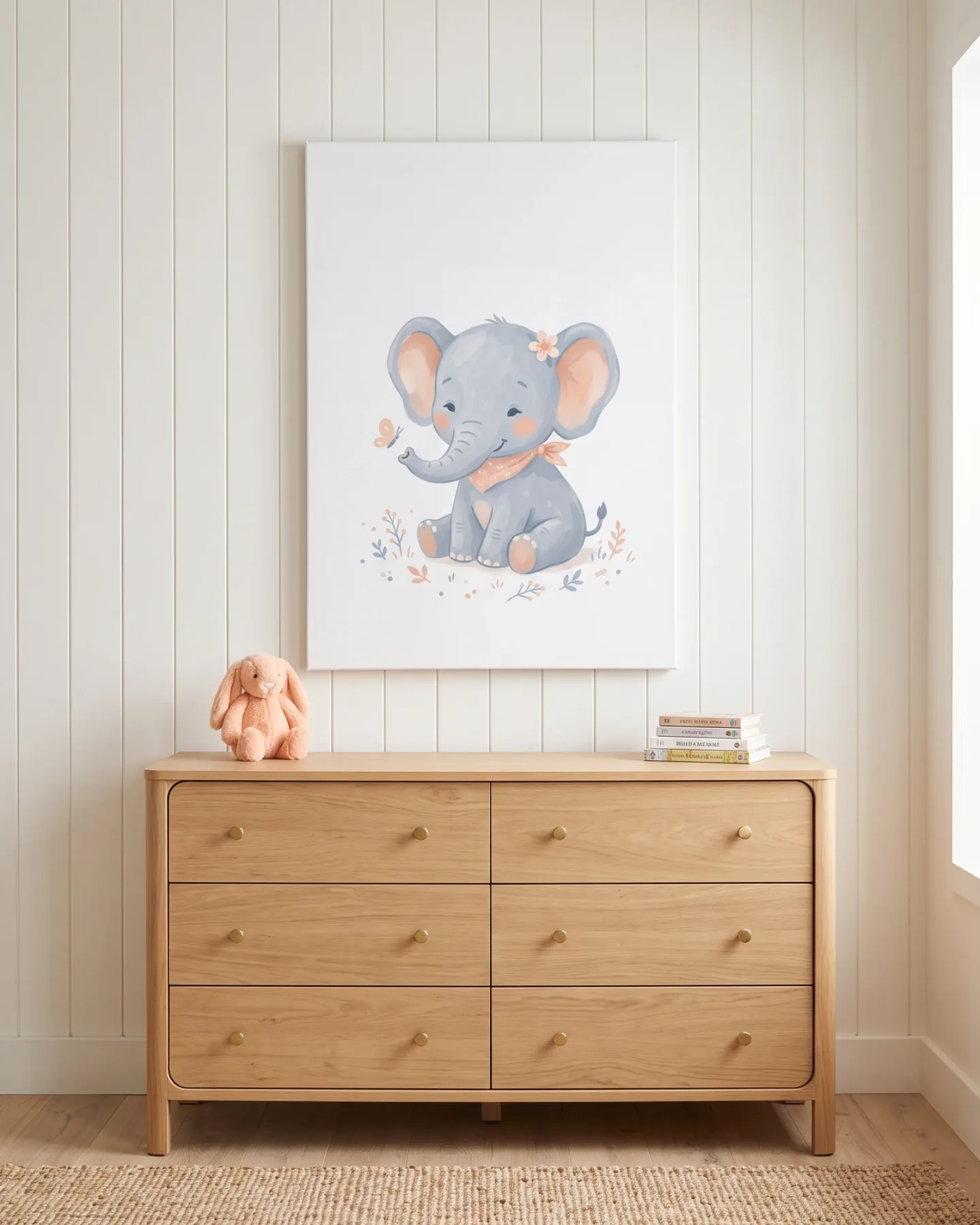 Leinwandbild – Elefantenkind mit kleinem Schmetterling