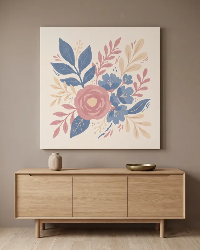 Leinwandbild – Staubrosa Rose mit kleinen blauen Blüten