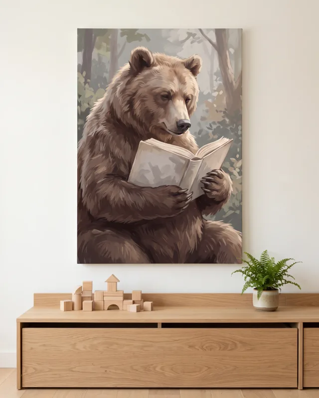 Leinwandbild – Bär liest ein Buch im Wald – Leinwandbild