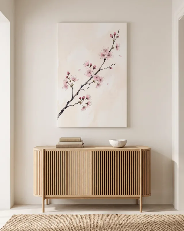 Leinwandbild – Kirschzweig mit rosa Blüten und Knospen