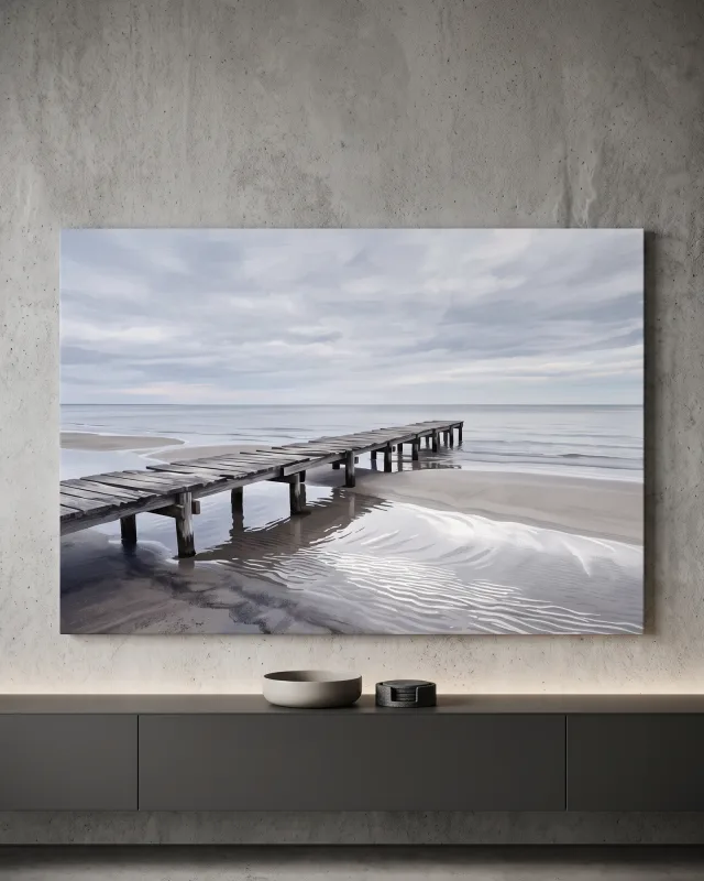 Leinwandbild – Holzsteg über stillem Wasser
