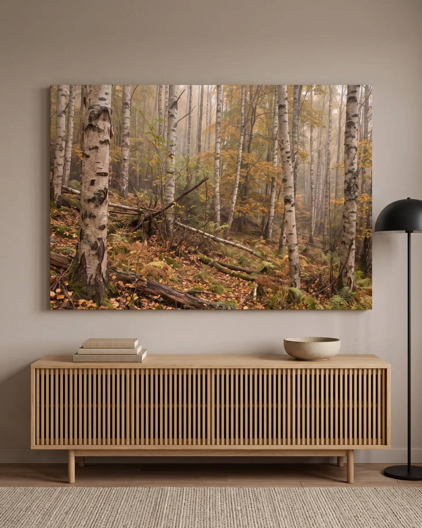 Leinwandbild – Birkenwald mit Farnen und gefallenen Stämmen