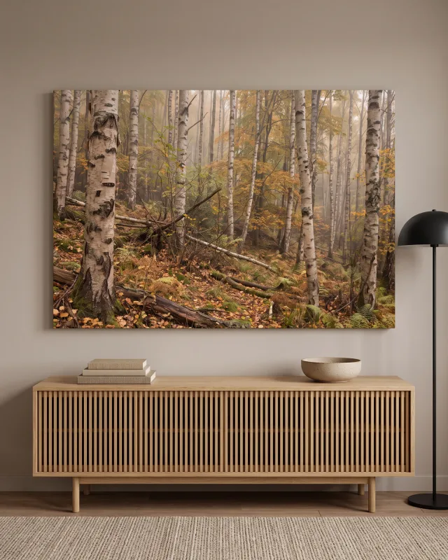 Leinwandbild – Birkenwald mit Farnen und gefallenen Stämmen