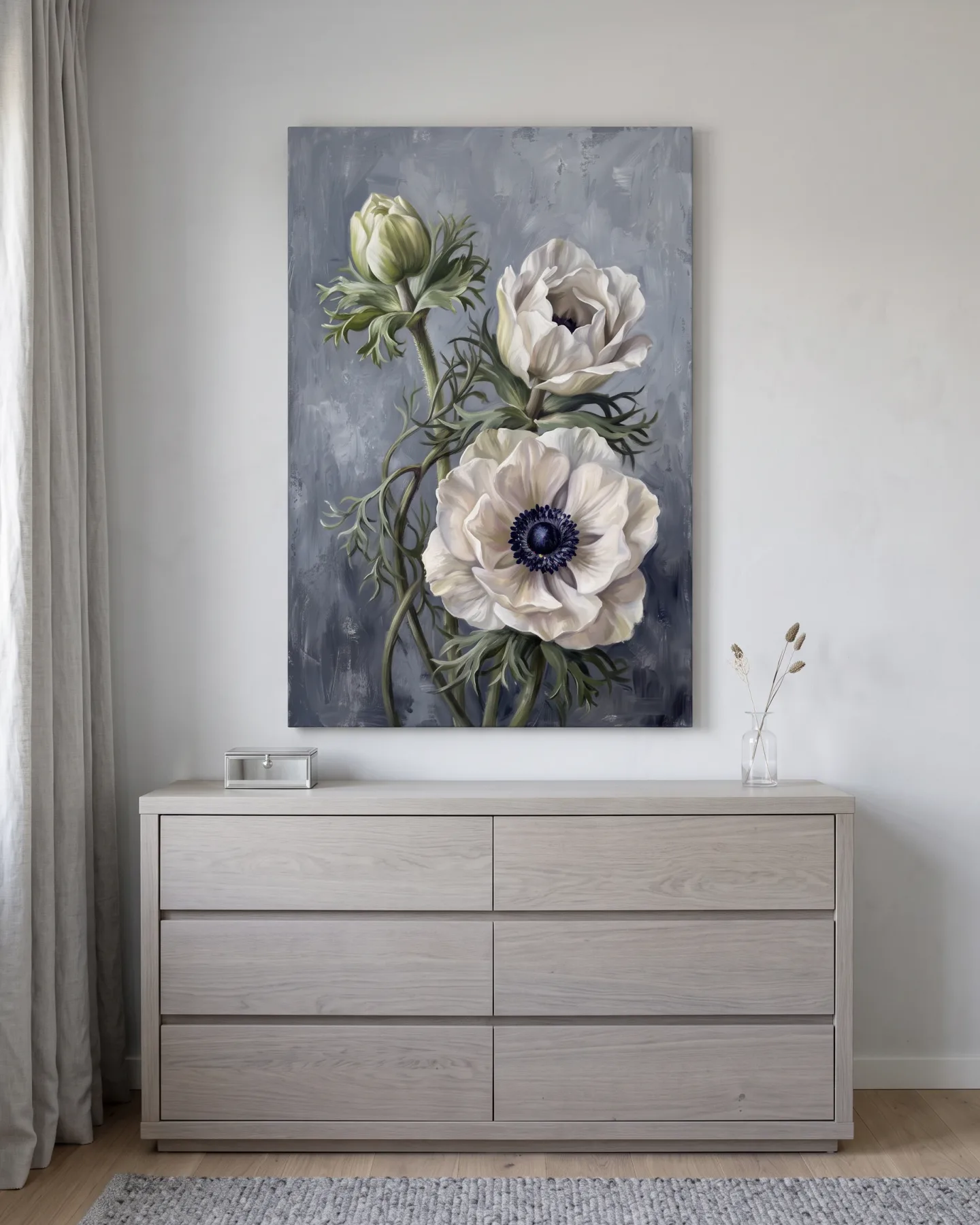 Leinwandbild – Anemonen mit dunklen Mitten und grünen Stielen