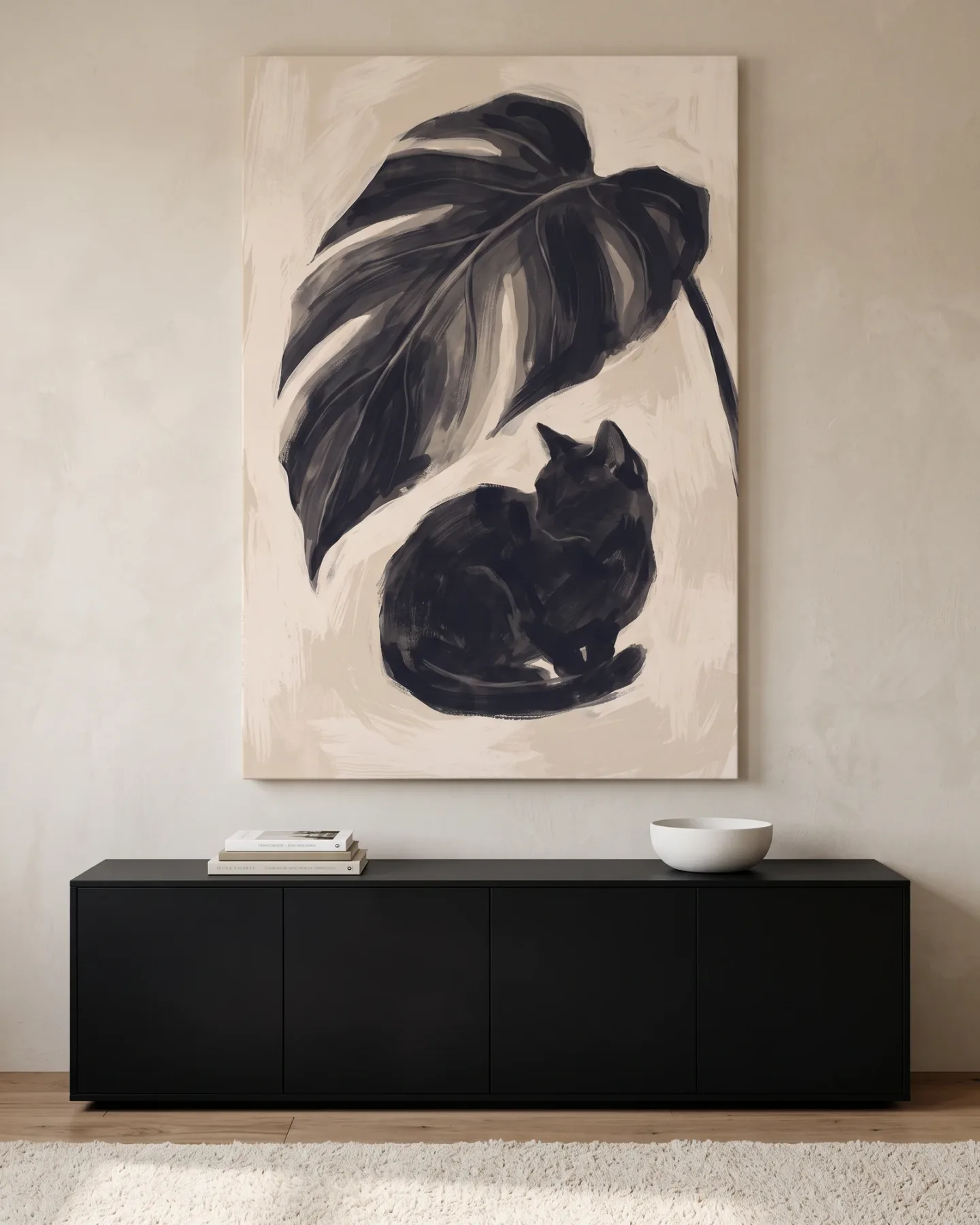 Leinwandbild – Schwarze Katze unter schwungvollem Blattbogen