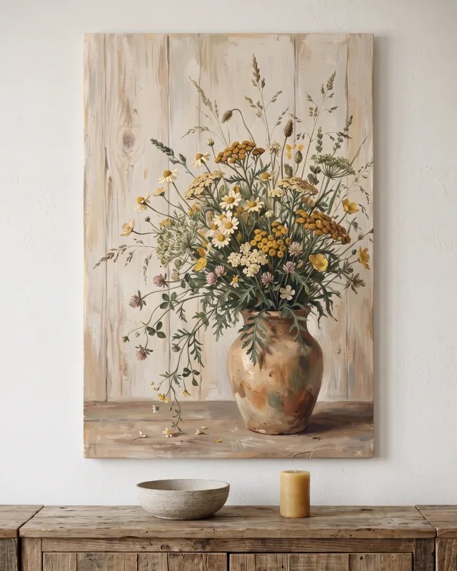 Leinwandbild – Wiesenstrauß mit gelben Blüten und Gräsern