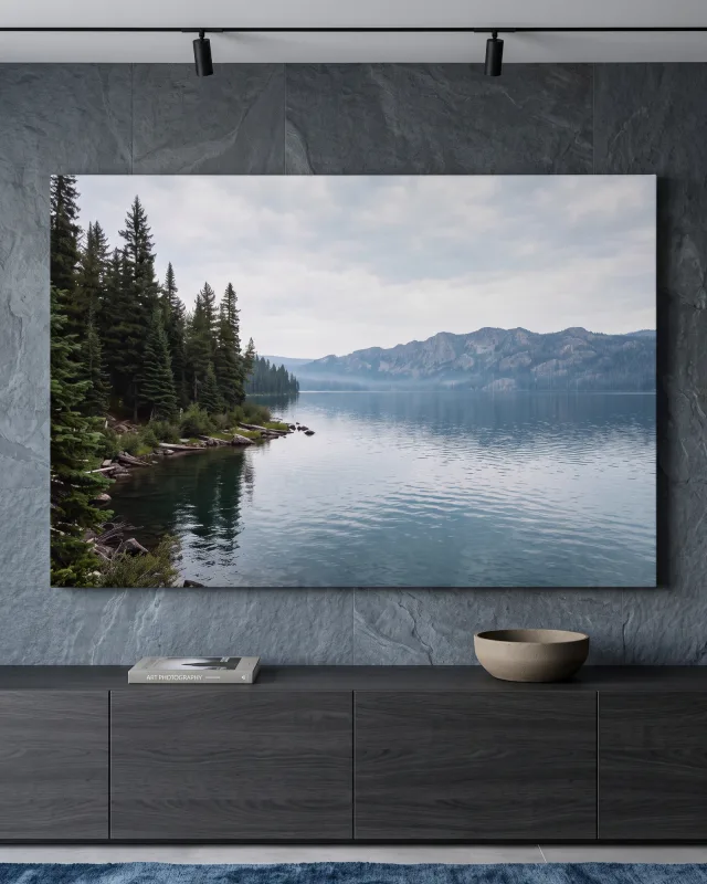 Canvas print – Forest Lake with Wooded Shore and Mountain Ridge