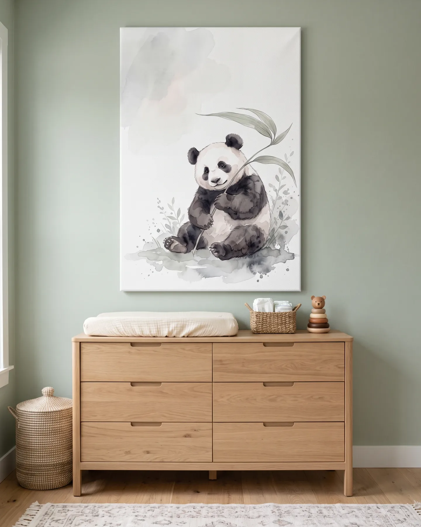 Leinwandbild – Sitzender Panda mit Bambusblatt