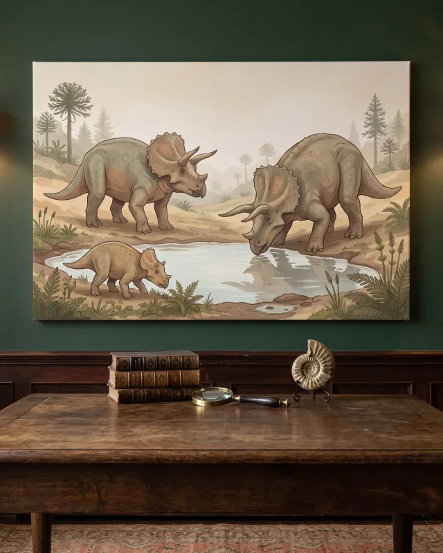 Leinwandbild – Triceratops-Familie am Wasser