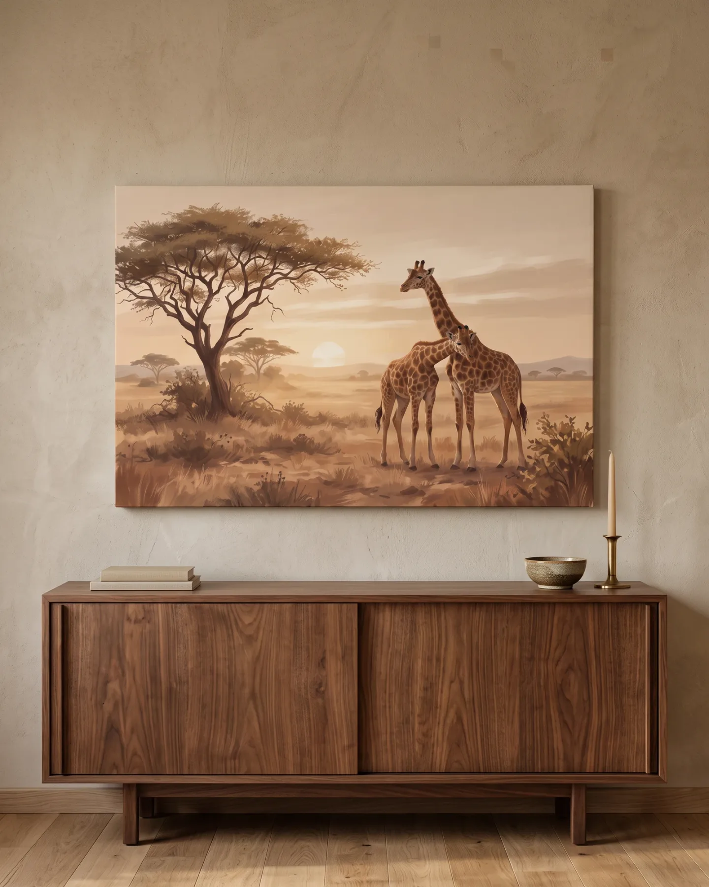 Leinwandbild – Giraffen im Licht der blassen Sonne