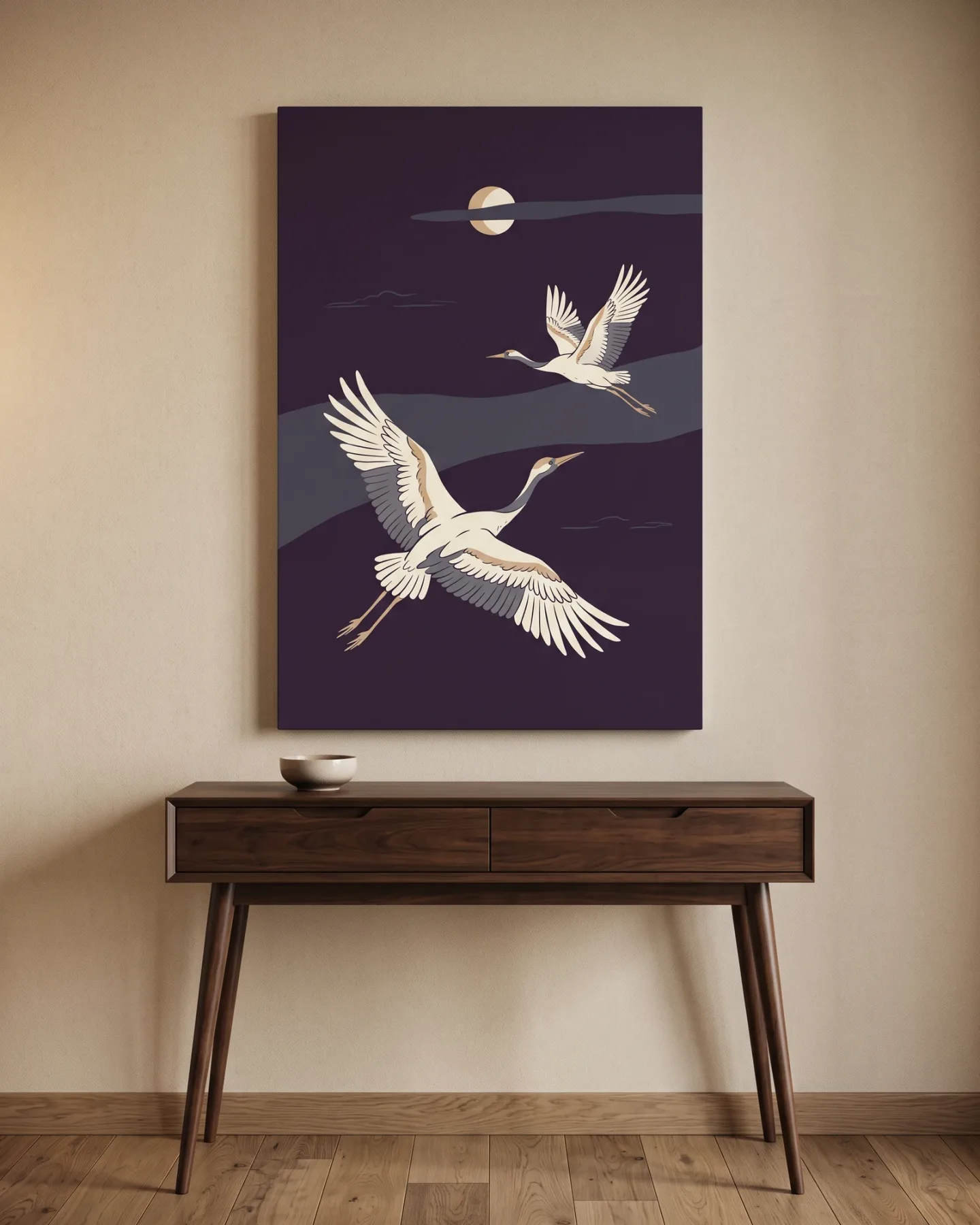 Leinwandbild – Fliegende Kraniche bei Nacht – Leinwandbild