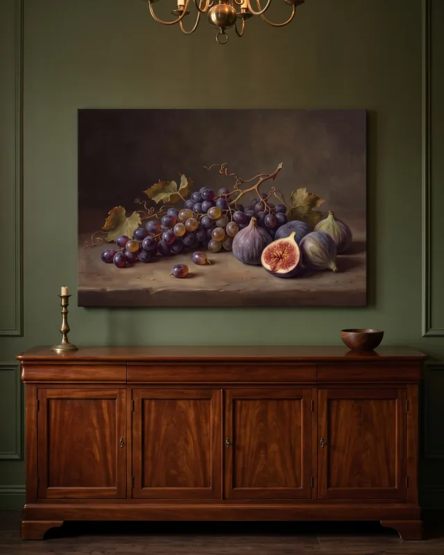 Leinwandbild – Stillleben mit Trauben und Feigen