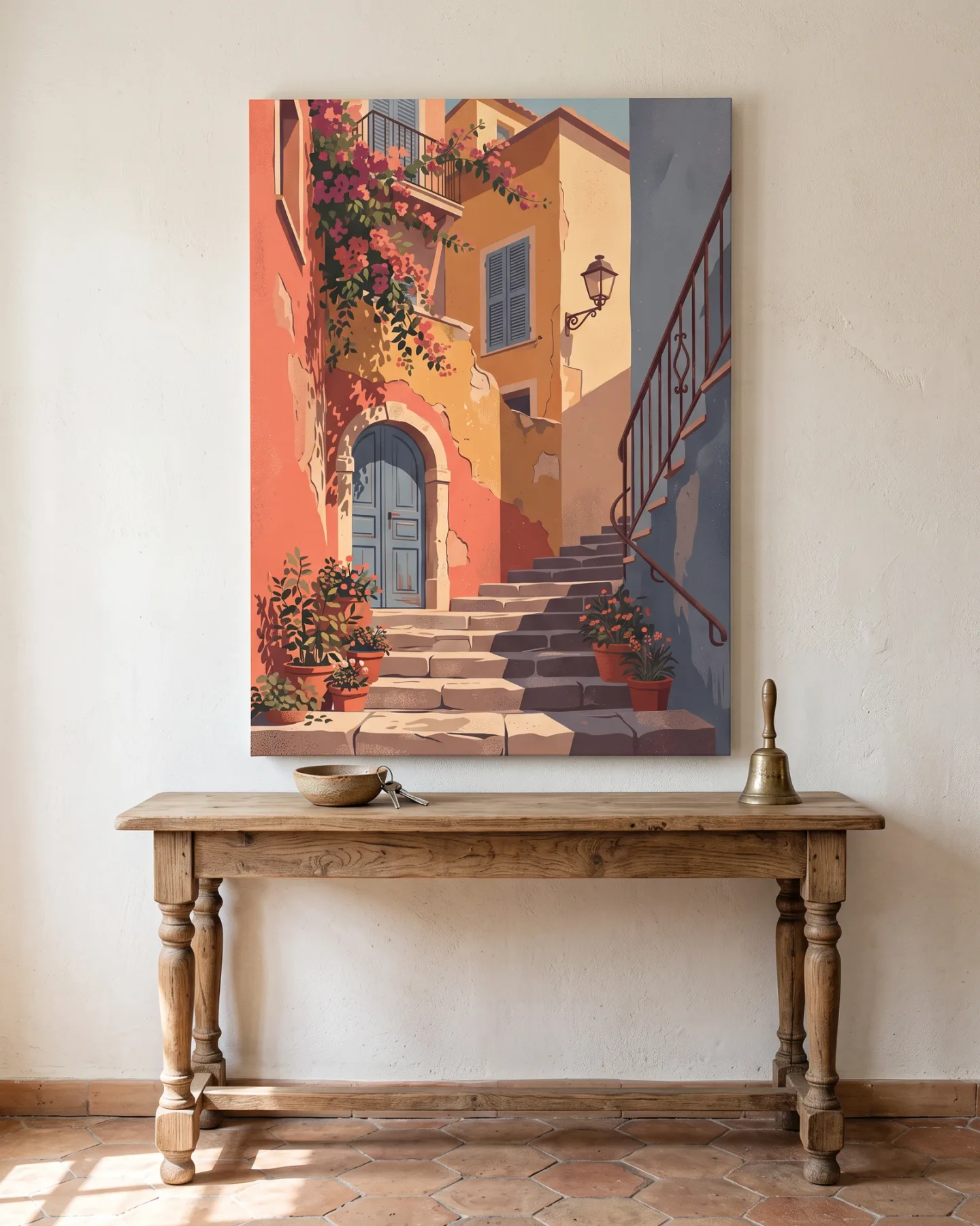 Leinwandbild – Blaue Doppeltür unter pinkfarbenen Blüten