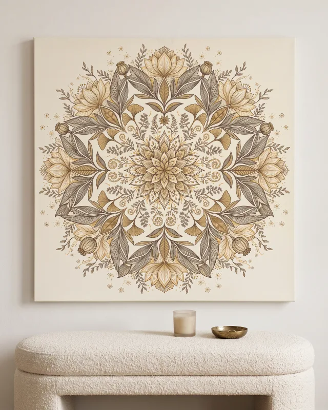 Leinwandbild – Botanisches Mandala in Sepialinien