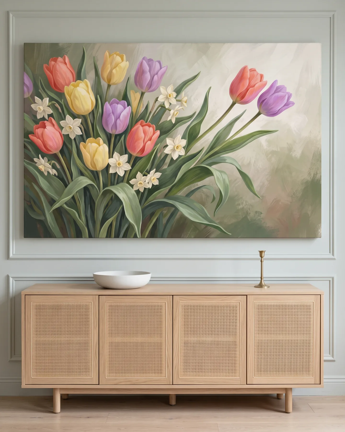 Leinwandbild – Tulpen und weiße Blüten vor hellem Hintergrund