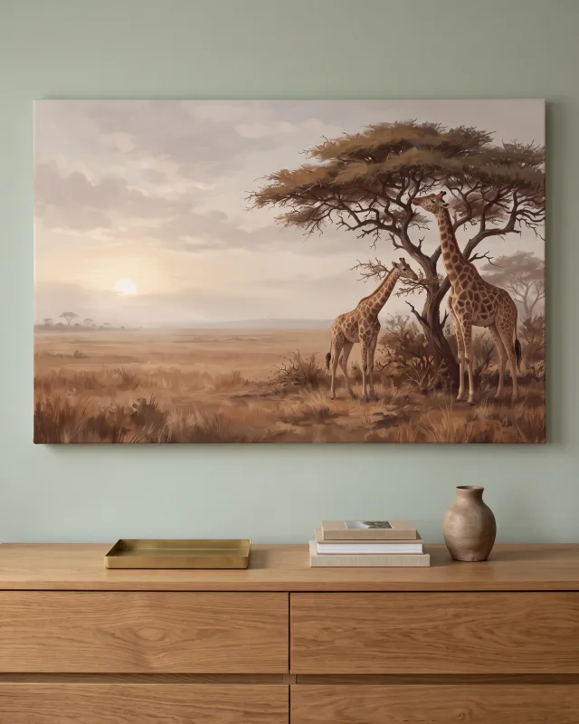 Leinwandbild – Giraffenpaar in heller Sepiasavanne