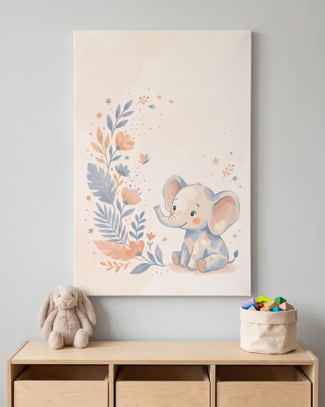 Leinwandbild – Elefantenkind am blauen Blätterbogen