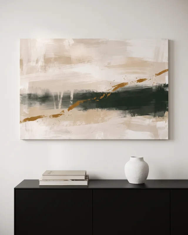 Leinwandbild – Abstrakte Pinselspuren in Creme, Grün und Ocker