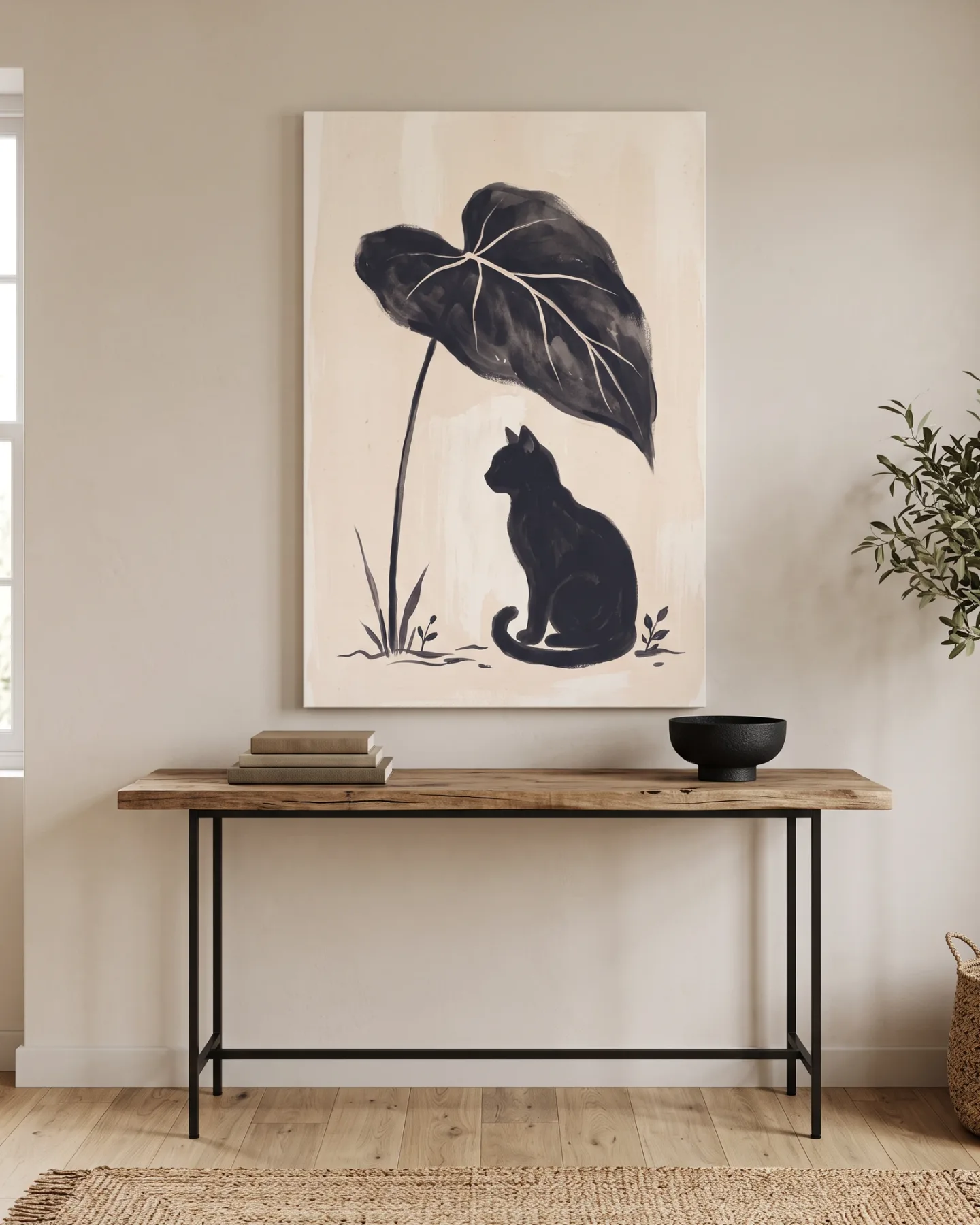 Leinwandbild – Katze unter herzförmigem dunklem Blatt