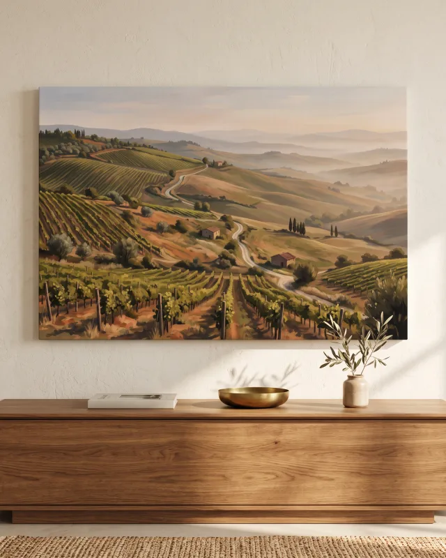 Leinwandbild – Hügellandschaft mit Weinbergen