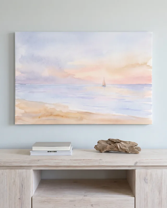 Leinwandbild – Ein Boot auf pastellfarbenem Wasser