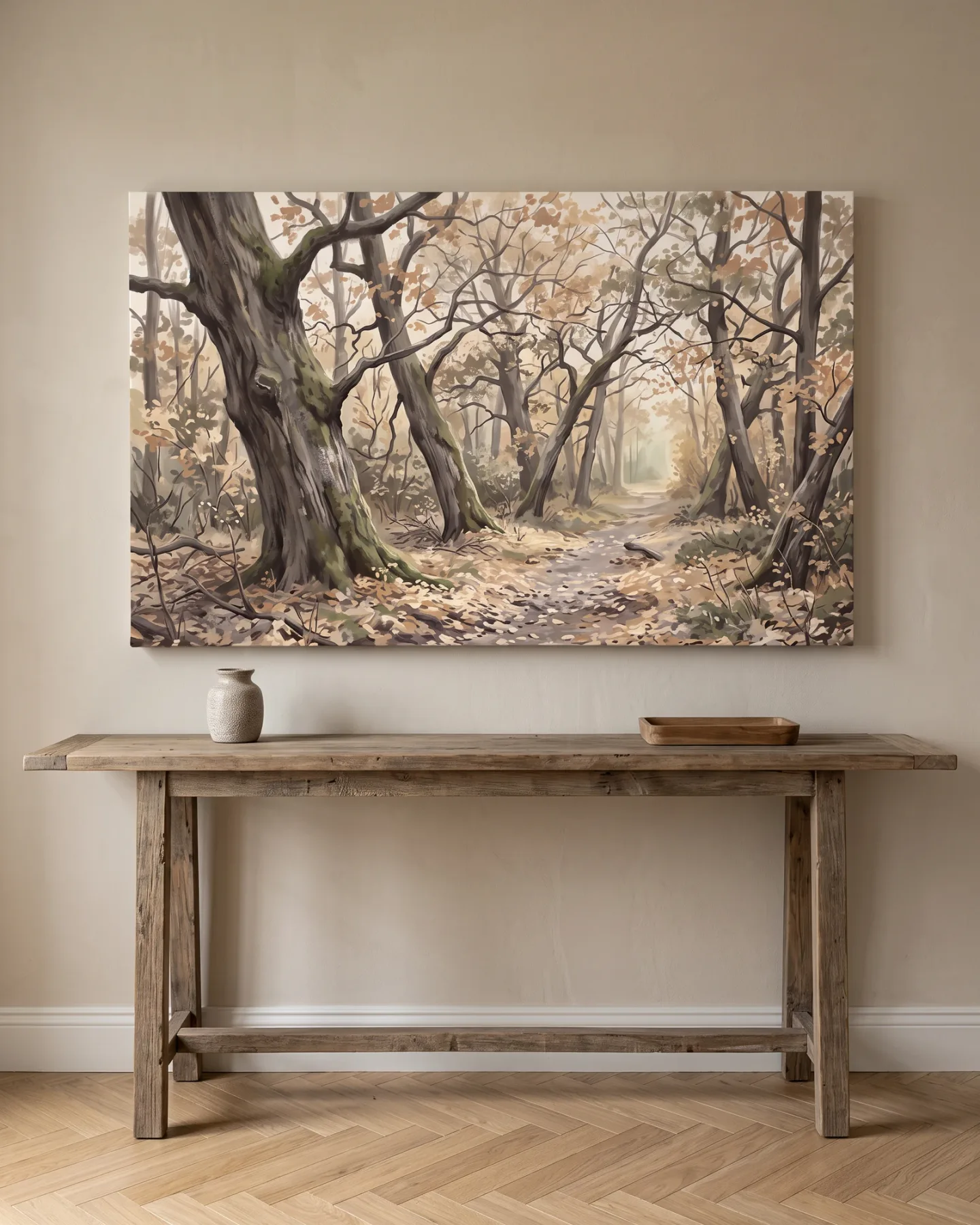 Leinwandbild – Lichtdurchfluteter Waldweg im Herbst