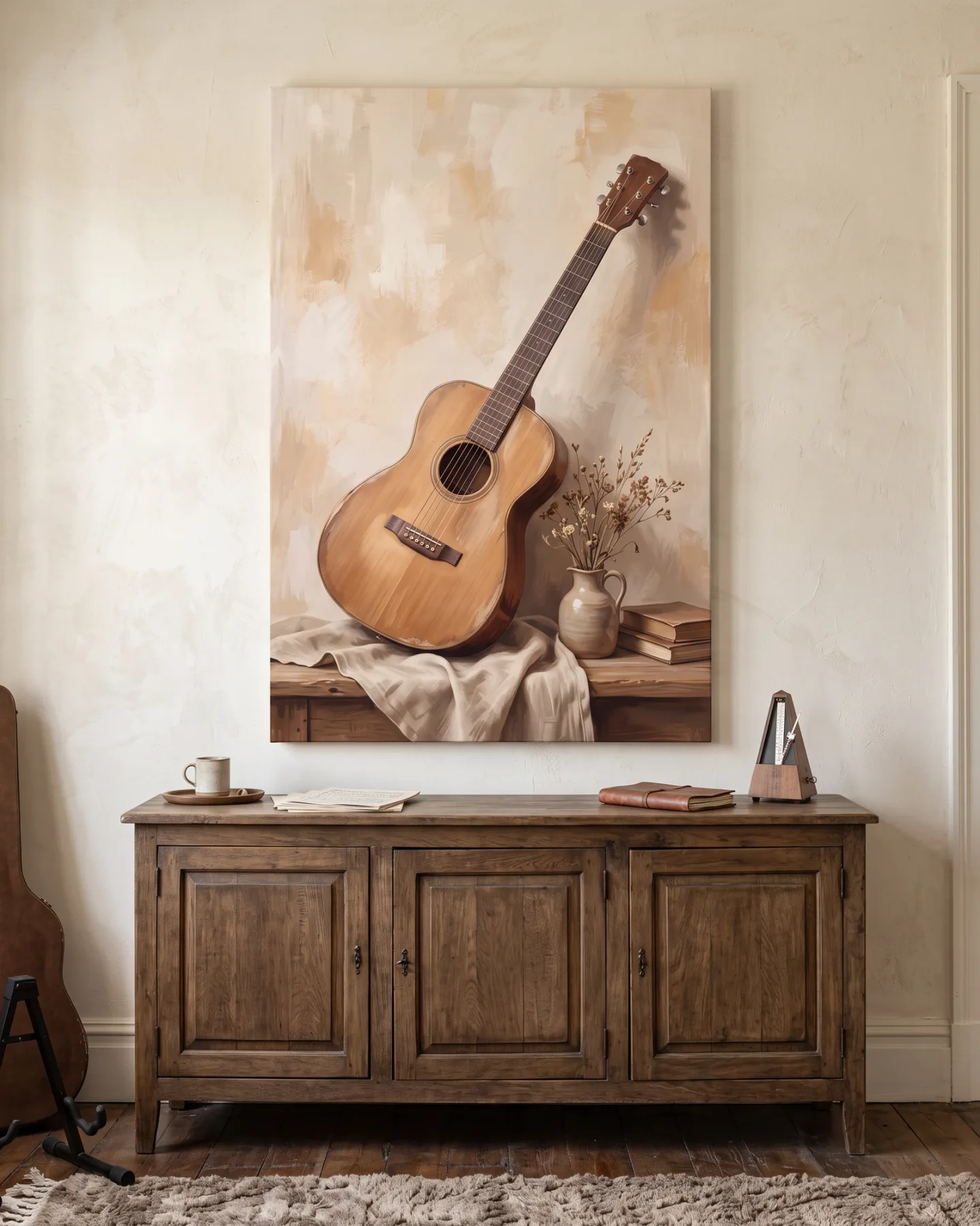 Leinwandbild – Gitarre mit Krug und Büchern