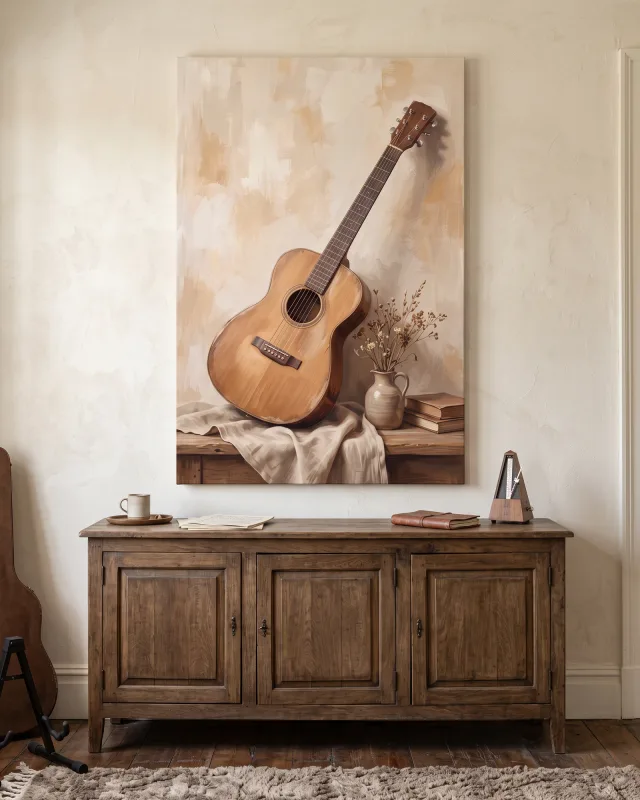 Leinwandbild – Gitarre mit Krug und Büchern
