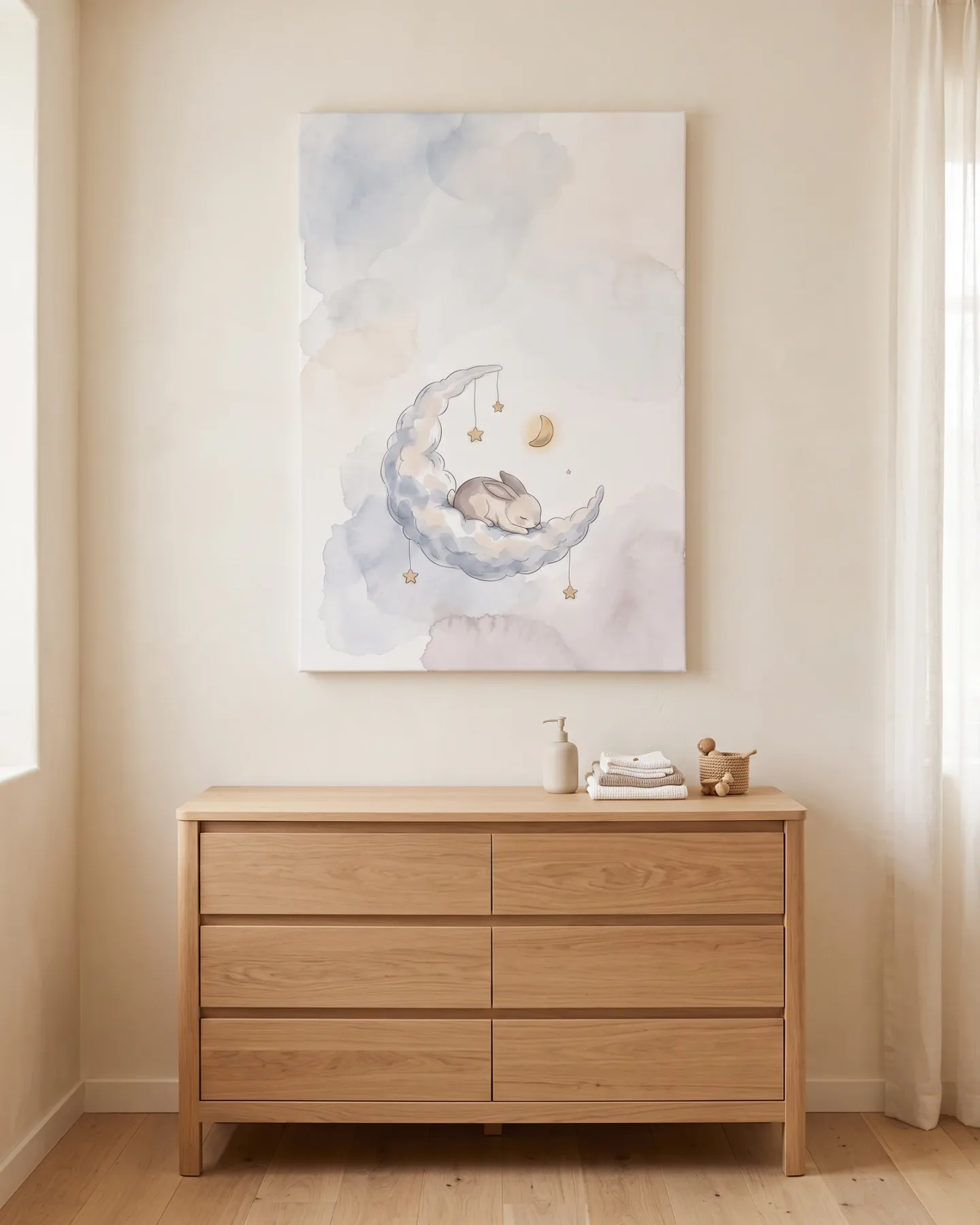 Canvas print – Sleeping Rabbit on a Cloud with Moon and Stars