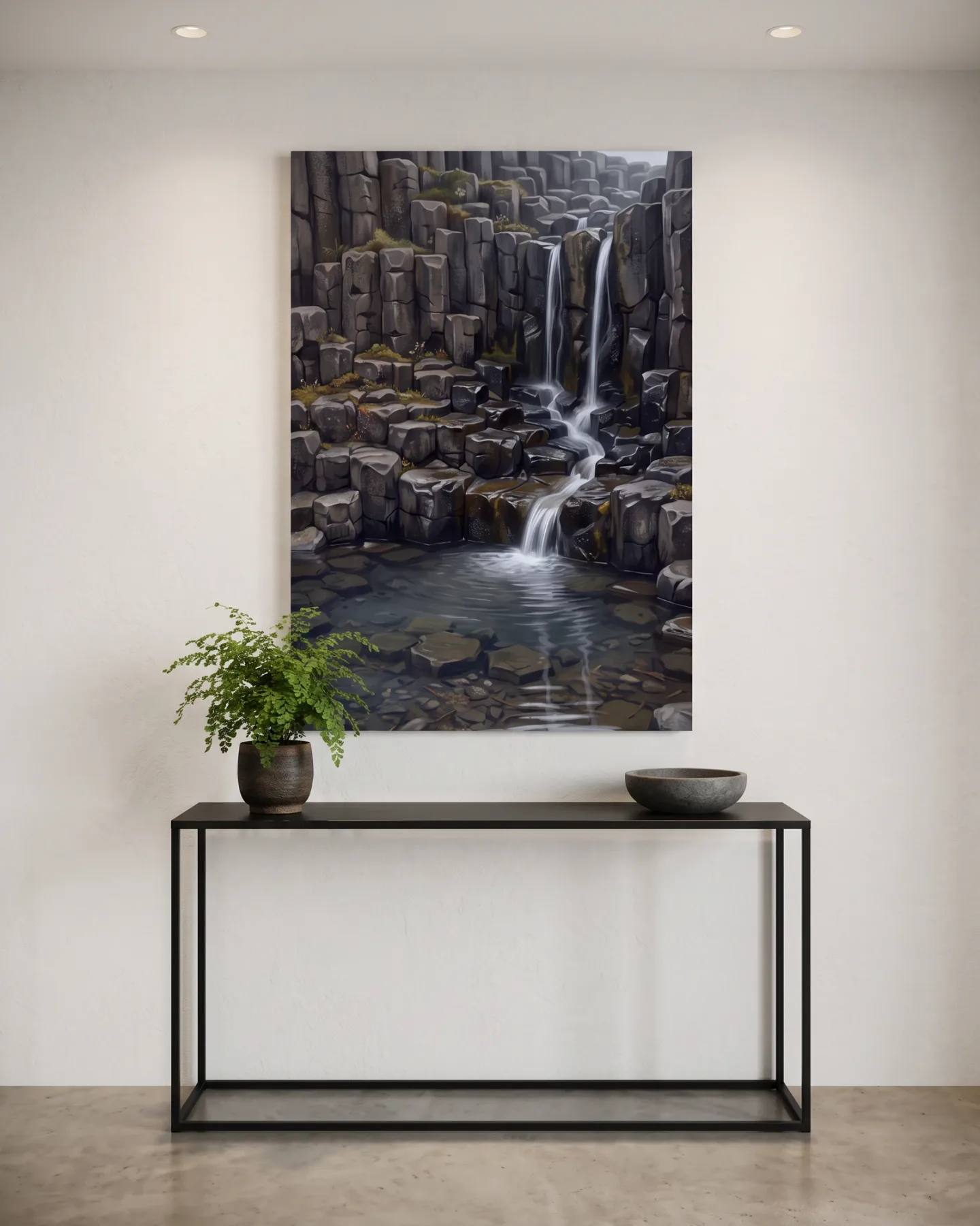 Leinwandbild – Wasserfall zwischen dunklen Basaltsäulen