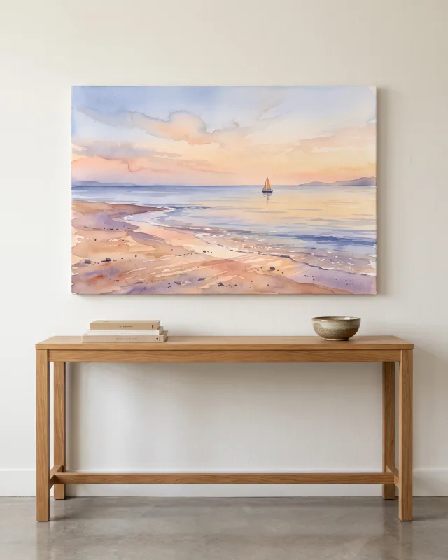 Leinwandbild – Orange Segel vor pastellfarbenem Horizont