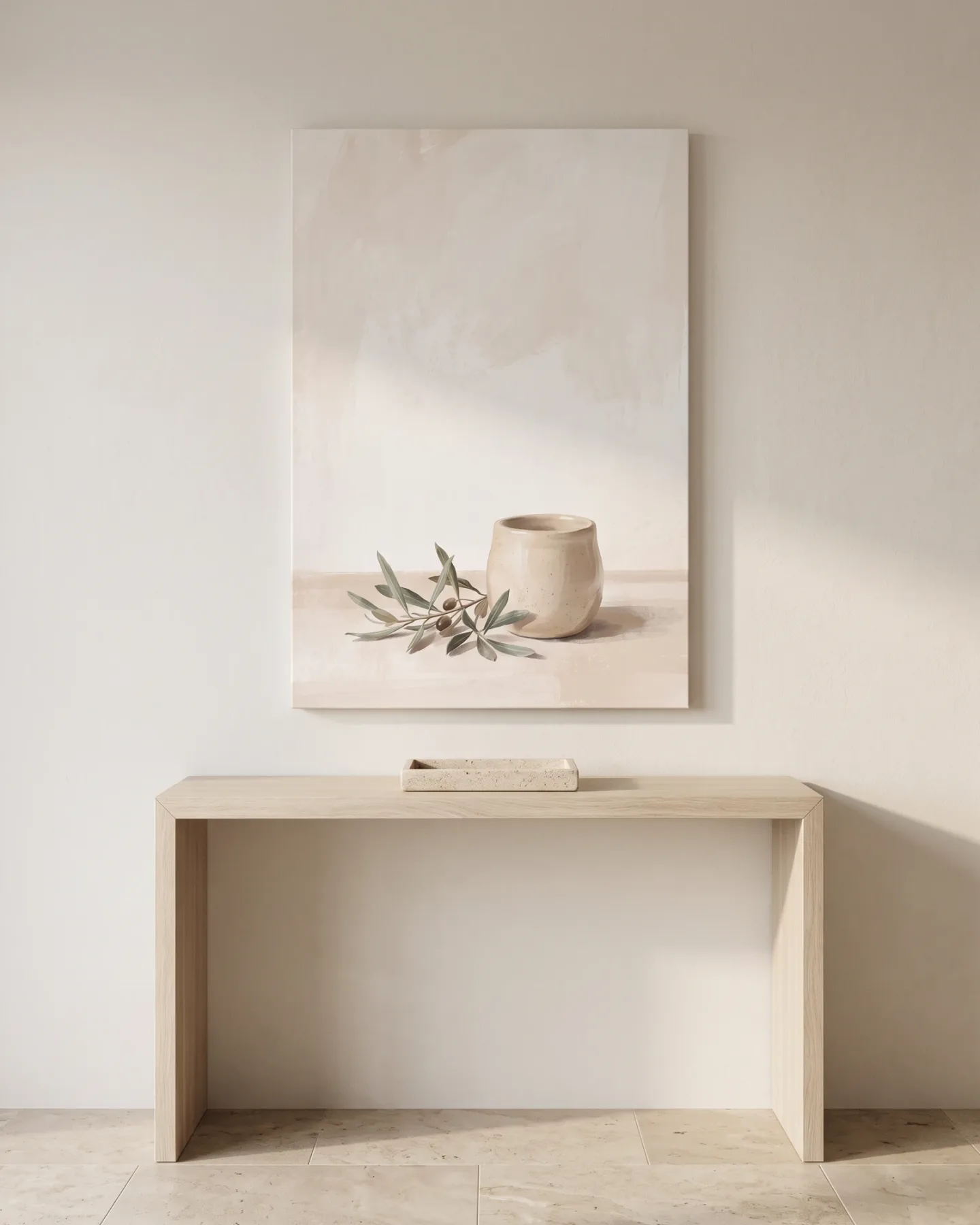 Canvas print – Ceramic Vessel and Olive Branch on Beige