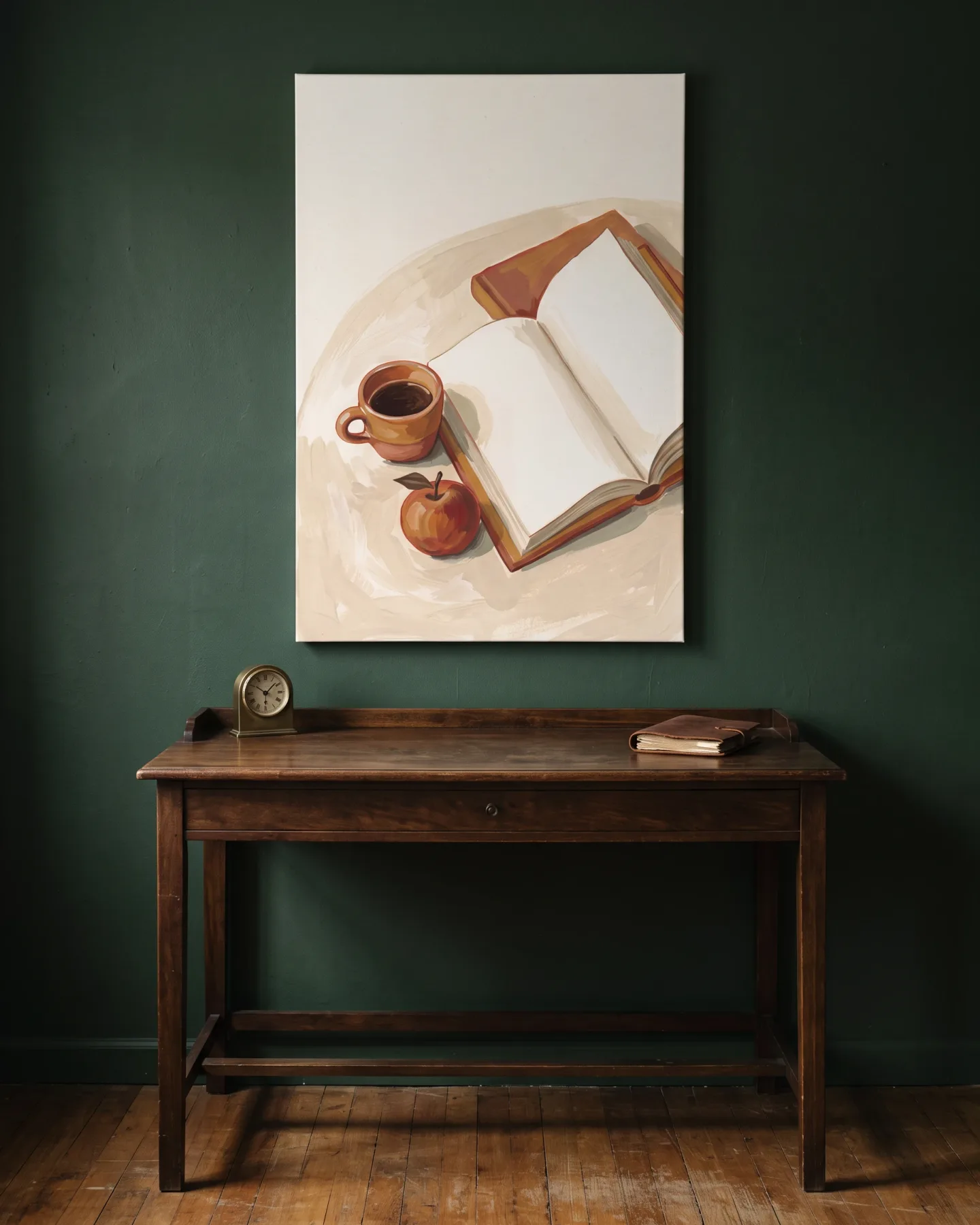Leinwandbild – Lesepause mit Kaffeetasse und Apfel