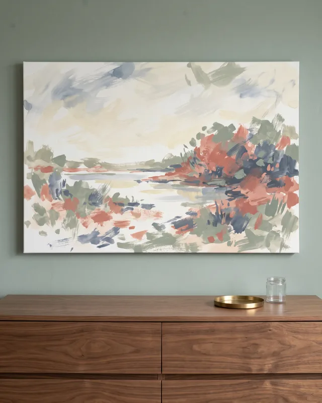 Leinwandbild – Abstrakte Landschaft in Creme, Salbeigrün und Koralle