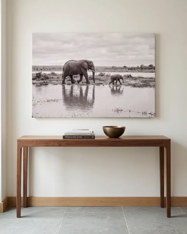 Leinwandbild – Elefanten am Wasser