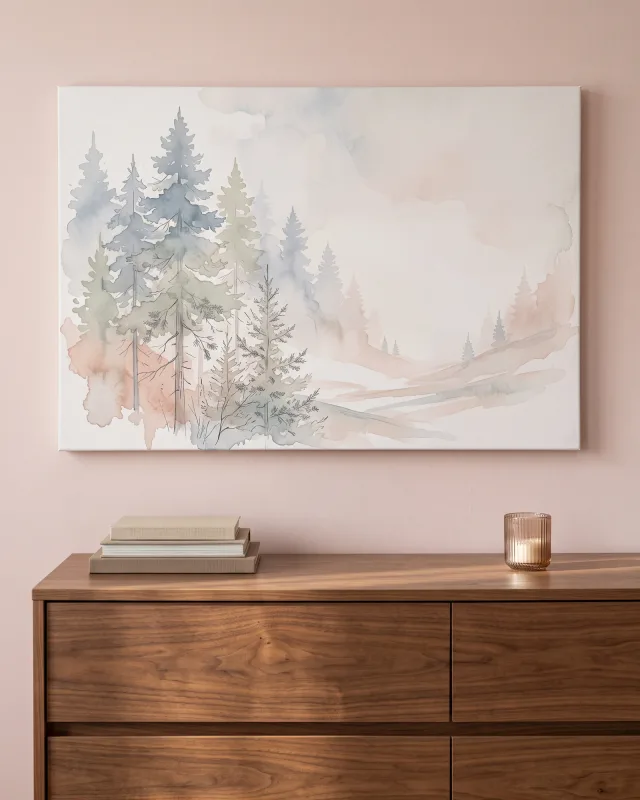 Leinwandbild – Aquarell-Waldlandschaft in sanften Pastelltönen