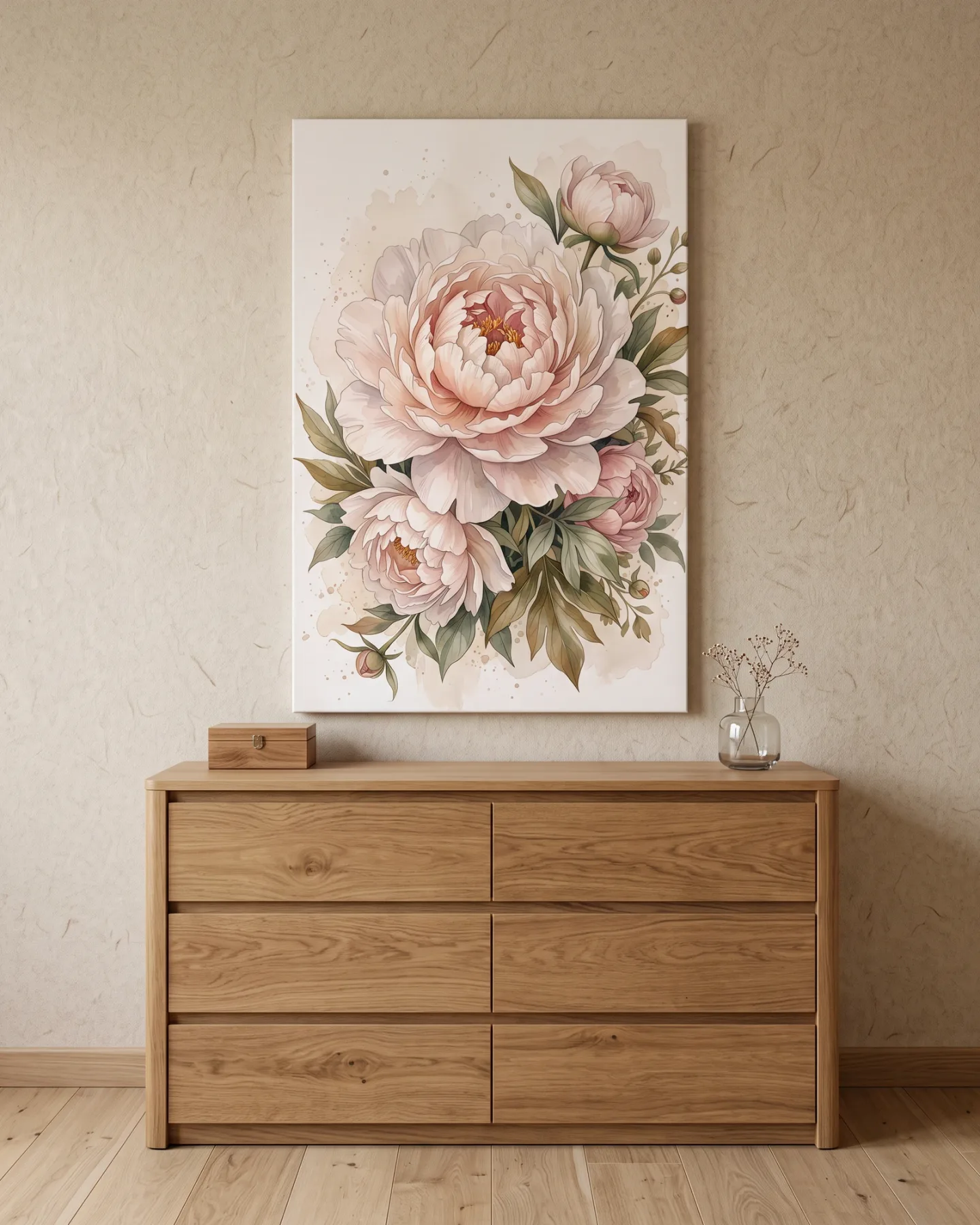 Leinwandbild – Zarte Pfingstrosengruppe in Rosa und Oliv