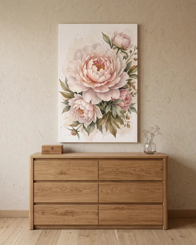 Leinwandbild – Zarte Pfingstrosengruppe in Rosa und Oliv